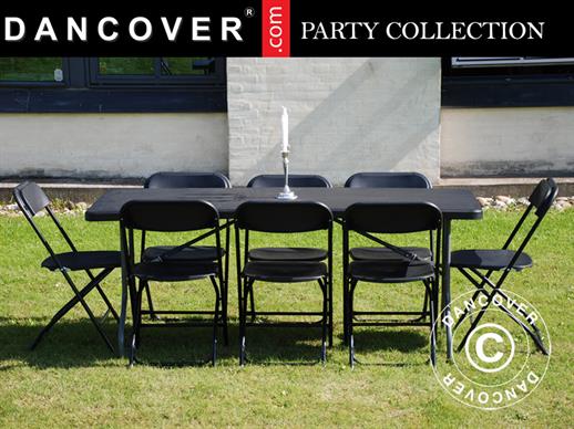Conjunto para fiesta, 1 mesa plegable (180cm) + 8 sillas, Negro