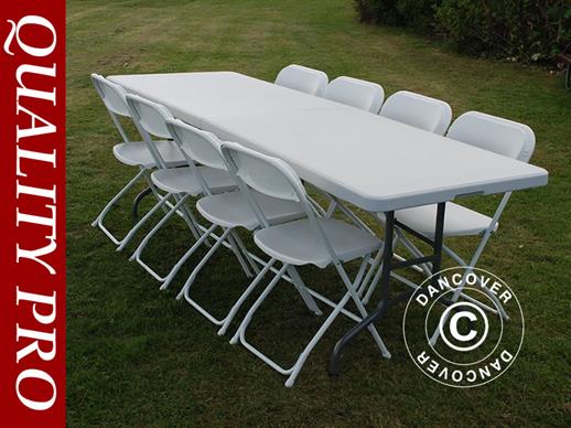 Conjunto para fiesta, 1 mesa plegable PRO (242cm) + 8 sillas & 8 cojines para el asiento, Gris claro/Blanco