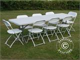 Parti forfait, 1 table pliante PRO (242cm) + 8 chaises pliantes & 8 Coussins pour sièges, Gris clair/Blanc