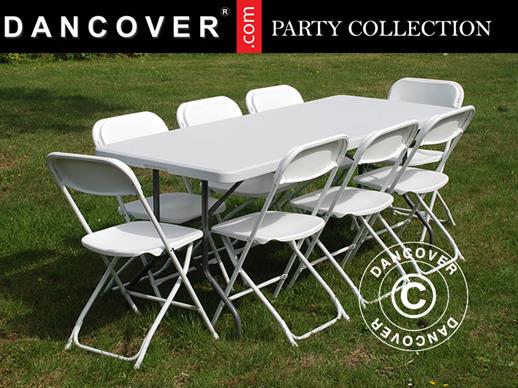 Juhlapaketti, 1 kokoontaitettava pöytä (180cm) + 8 tuolit, Vaalean harmaa/Valkoinen
