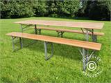 Ensemble table et bancs de brasserie, 220x60x76 cm, bois clair